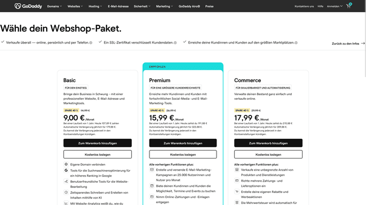 Der Preis für das eCommerce-Paket von GoDaddy