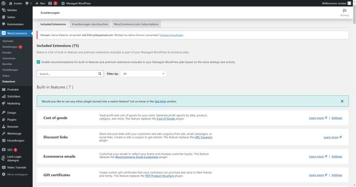 Die Erweiterungen unter “Included Extensions” sind für Sie kostenlos