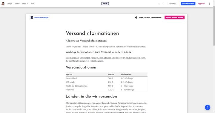 Angaben zum Versand passen Sie im Editor an