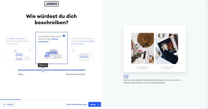 Jimdo ermittelt durch eine kurze Fragerunde, welche Designs wohl am ehesten Ihrem Zweck dienen