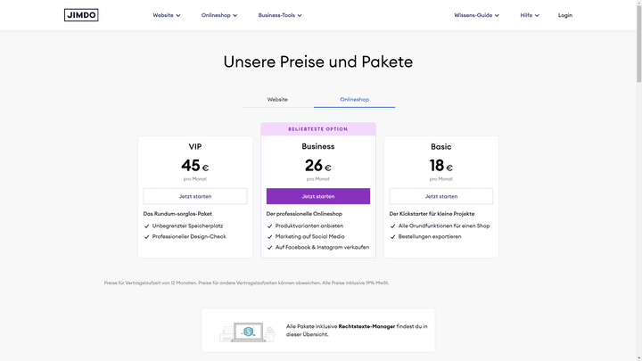 Die Preise des Jimdo Online-Shops