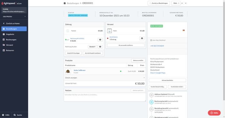 Editieren Sie im Backend Bestellungen und drucken Sie Rechnungen aus