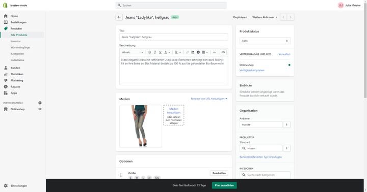 Die Produktverwaltung im Backend von Shopify