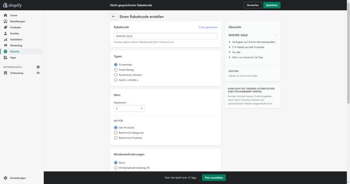 Generieren Sie mit Shopify Rabattcodes für Ihre Werbeaktionen