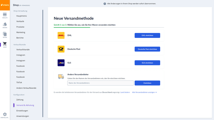 Der Assistent von STRATO hilft dir bei der Einrichtung neuer Versandmethoden