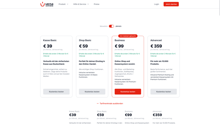 Die Preise für Online-Shops variieren mit der Wahl des Tarifs und der Laufzeit