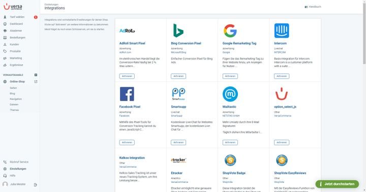 VersaCommerce lässt sich mit einigen sinnvollen Integrationen erweitern