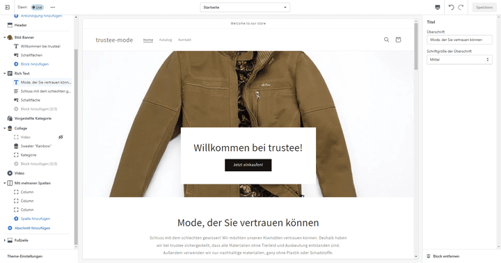 Der Editor von Shopify
