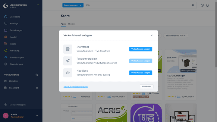 Shopware lässt dir die Wahl zwischen Storefront und Headless-Verkaufskanal