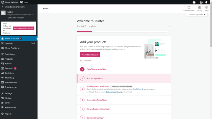Zu Beginn hilft dir WooCommerce mit einer Schritt-für-Schritt-Anleitung bei der Einrichtung