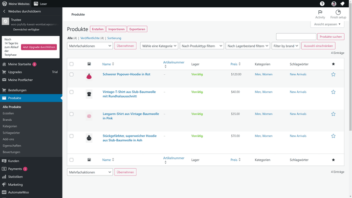 WooCommerce wird einfach als zusätzliche Reiter in dein WordPress-Backend integriert