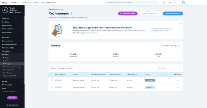Wix bietet die wichtigsten Verwaltungstools für Ihre Angebote und Rechnungen
