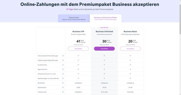 Die Preise des Business / eCommerce-Angebots von Wix