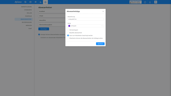 Neue Abwesenheitsarten hatte ich mit wenigen Klicks und bunter Farbe schnell angelegt