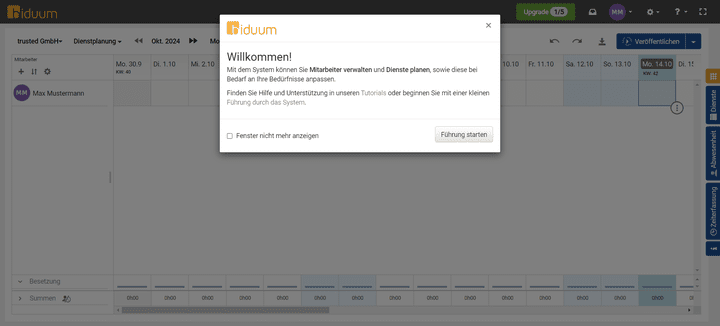 Beim ersten Start begrüßt biduum dich mit einem interaktiven Tutorial und einer Führung durch das Tool