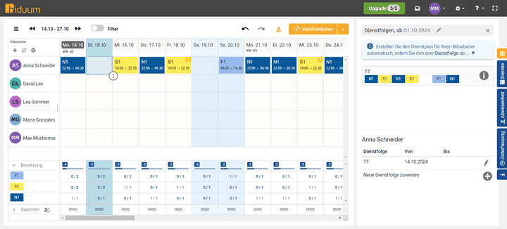 Mithilfe von Dienstfolgen planst du einfach wiederkehrende Schichtpläne für einzelne Mitarbeiter:innne oder dein ganzes Team