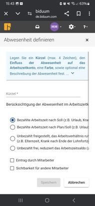 Zusätzlich zu den vordefinierten Abwesenheiten kannst du in biduum auch individuelle Abwesenheitsarten erstellen
