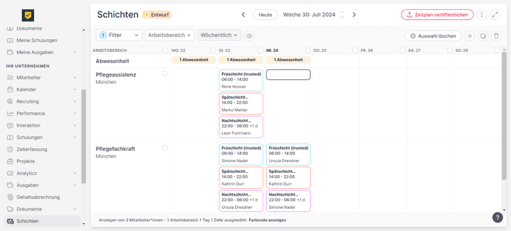 Wir starten mit dem Schichtplan, in dem wir die Schicht auswählen, die wir planen wollen. Hier: Mittwochs für die Pflegeassistent:innen.