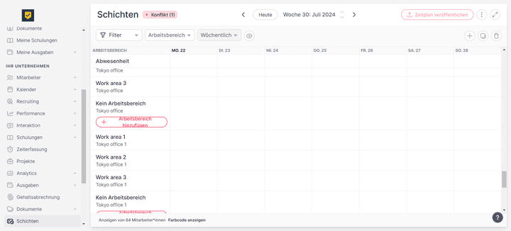 Siehst du den roten Punkt oben neben “Schichten”? Hier hat Factorial einen Schichtkonflikt erkannt.