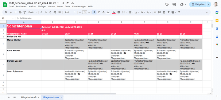 Der sortierte XLS-Schichtplan macht etwas her und ist sinnvoll in einzelne Tabellenblätter gegliedert. Tolle Sache!