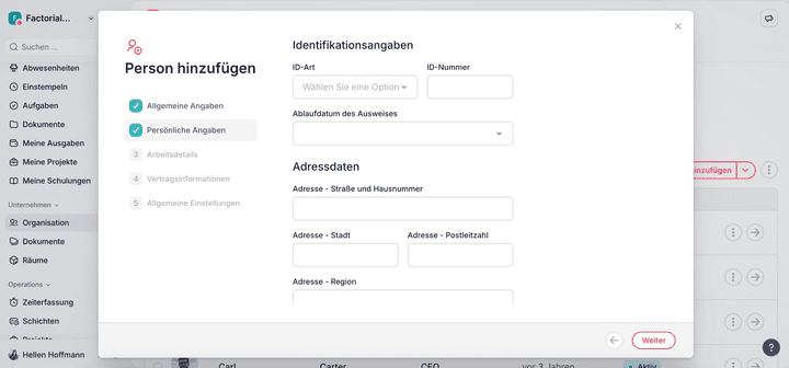 Zusätzlich zu den Stammdaten solltest du für eine saubere Schichtplanung auch das jeweilige Team, die Stellenbeschreibung und den Standort eintragen
