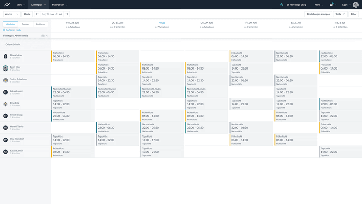 Der Teamdienstplan im Self Service wirkt modern und übersichtlich