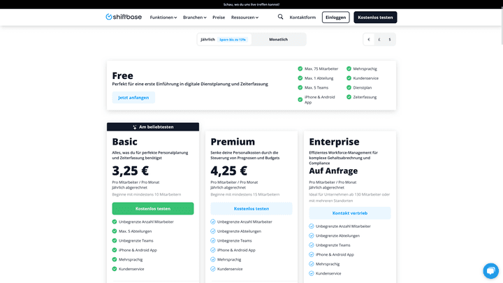 Shiftbase ist sogar kostenlos zu haben