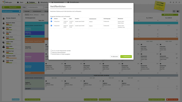 Schicke den fertigen Online-Dienstplan unkompliziert an dein Team