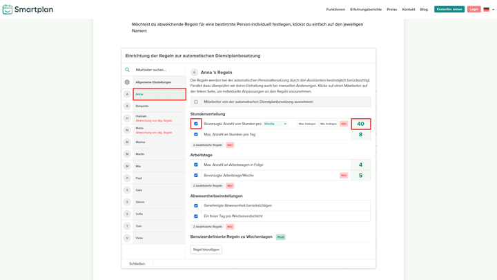 Smartplan berücksichtigt bei der Planung allgemeine sowie mitarbeiterspezifische Einstellungen