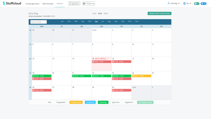 Der Einsatz-Kalender wirkt übersichtlich