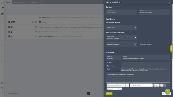 Kommuniziere mit deinem Team via Chat, E-Mail, SMS oder nur automatisch