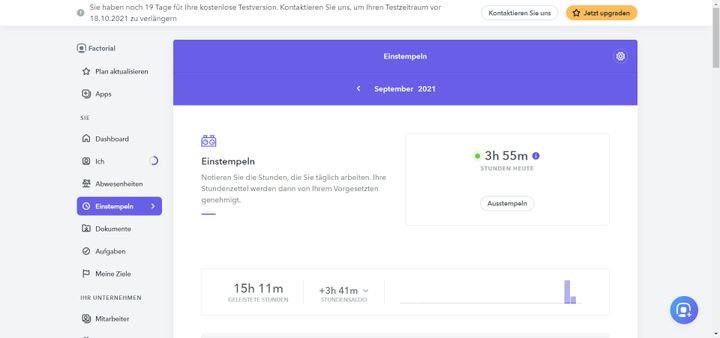 Im Time-Tracking-System von Factorial behalten Sie Ihre Arbeitszeiten im Blick und stempeln sich selbstständig ein und aus