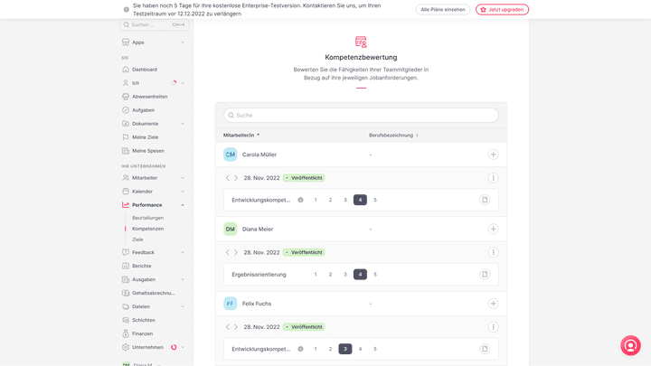 Legen Sie Kompetenzen fest und bewerten Sie Ihre Mitarbeiter:innen unkompliziert in Factorial