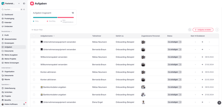 Ein Beispiel für Onboarding-Aufgaben in Factorial