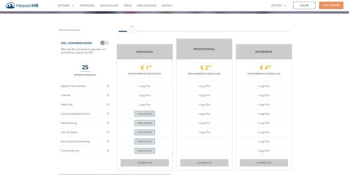 HeavenHR ist in drei Tarifen verfügbar - zwei fixen Standardpaketen und einem individuellen Paket