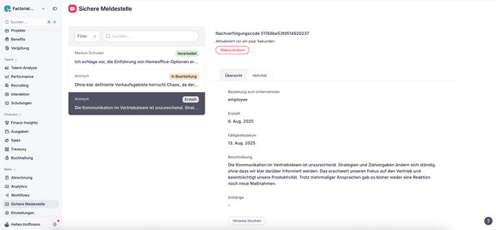 Factorial bietet so gut wie keine Whistleblowing-Funktionen