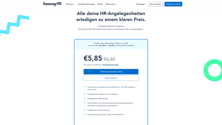 Alles in allem kostet dich HoorayHR lediglich 6,50 € pro Monat und User