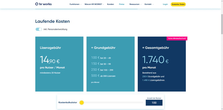 Ein Überblick über die Kosten von HR WORKS plus Personalentwicklung