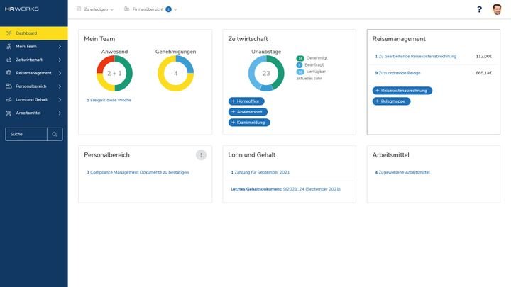 Das persönliche Dashboard von HRworks dient als Startseite mit allen wichtigen Infos und anstehenden Aufgaben, sowohl für Teammitglieder als auch für Teamleads und Admins