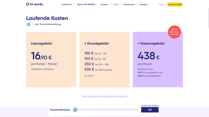 Ein Überblick über die Kosten von HR WORKS plus Personalentwicklung