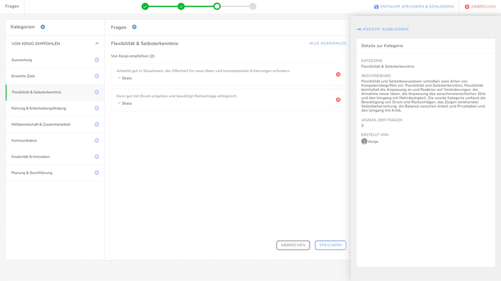 Wählen Sie aus bereits vorhandenen Fragen oder fügen Sie eigene hinzu