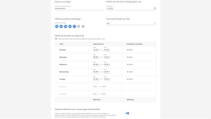 Legen Sie individuelle Arbeitszeiten fest