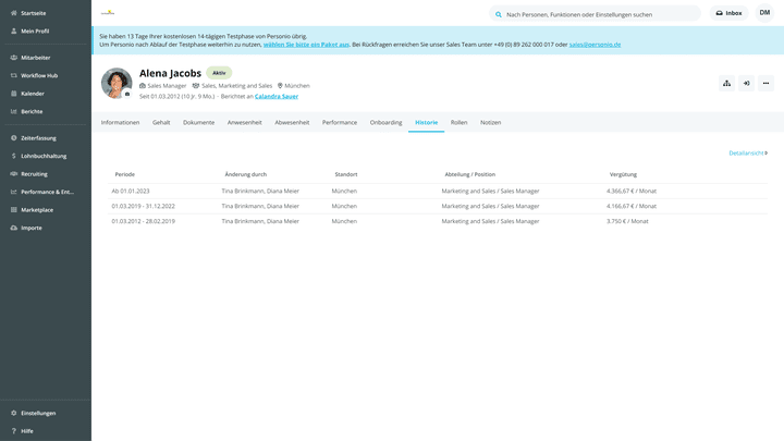 Personio erlaubt Ihnen eine detaillierte Ansicht zu geänderten Mitarbeiter-Daten