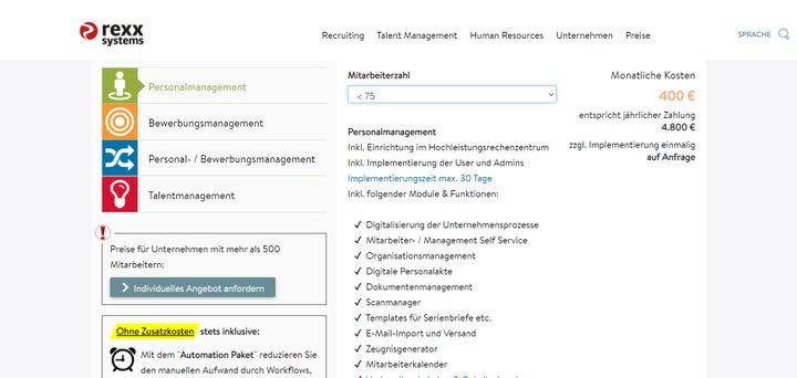 Die Preise für rexx Personalmanagement beginnen bei 400 Euro pro Monat