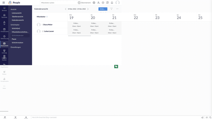 Der Schichtkalender zeigt alle Angestellten mit zugeordneter Schicht an