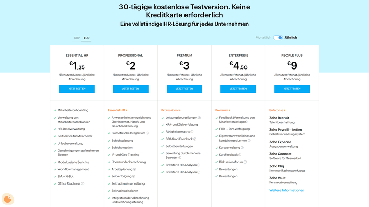 Von Zoho gibt es fünf kostenpflichtige Tarife
