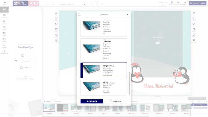 Die Spiralbindung (auch Ringbindung genannt) findet ihr etwas versteckt erst, wenn ihr ein Fotobuch angelegt habt und dann die Einstellungen öffnet