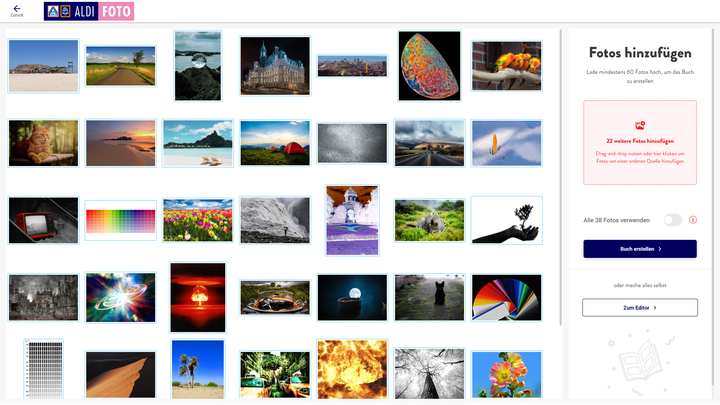 Wir haben keine 60 Bilder für unser Fotobuch hochgeladen und dürfen den Assistenten daher nicht benutzen