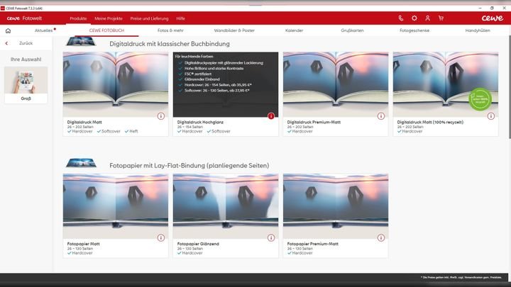 Die Unterschiede zwischen Papier und Bindung sind sowohl auf der Webseite als auch in der Software gut erklärt