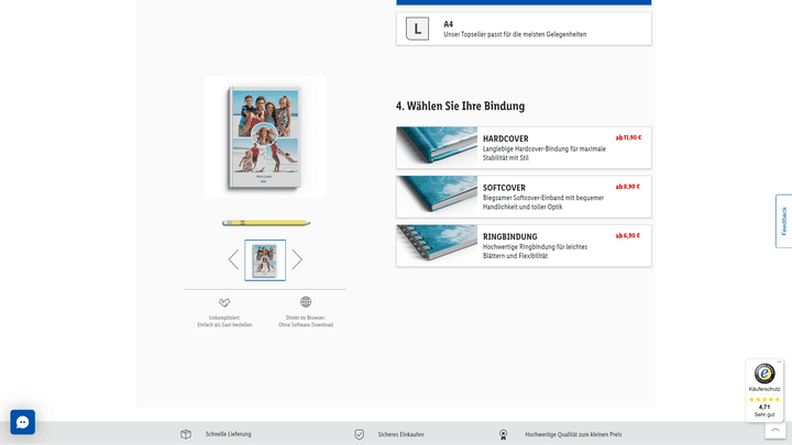 Um die Spiralbindung (bzw. Ringbindung) angezeigt zu bekommen, müsst ihr erst ein Format auswählen, das diese Bindung unterstützt